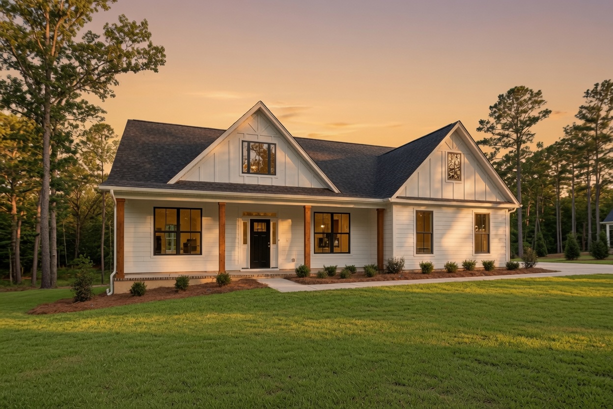 White modern farmhouse with covered porch at sunset